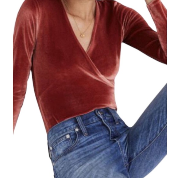 Madewell Velvet Faux Wrap Bodysuit - Burnished Rust - XS - Picture 3 of 11